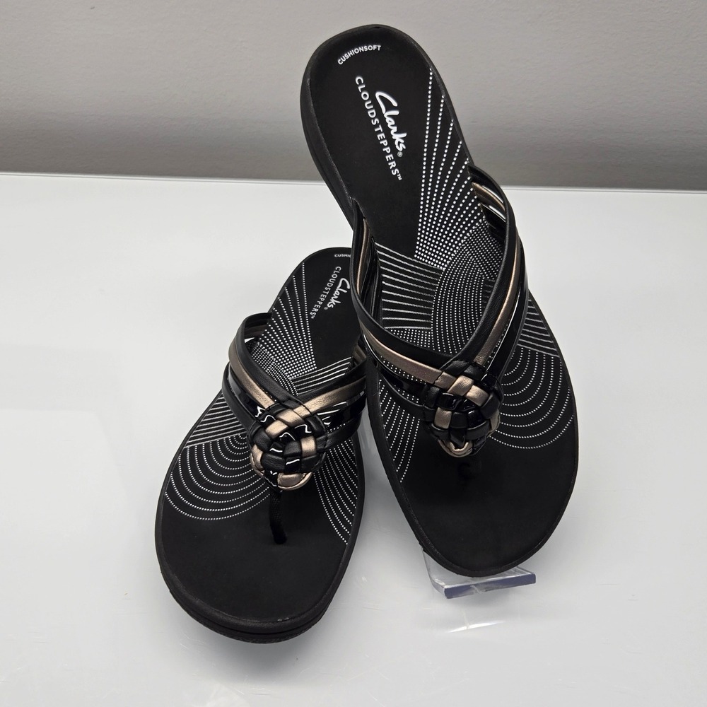 Clarks Thong Flip Flop Sandals Women 9 Black Metallic Comfort Cloudsteppers Soft